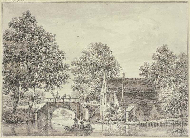 De Gheynbrugge bei Utrecht de Paulus van Liender, óleo sobre tela, retratando uma paisagem tranquila de rio