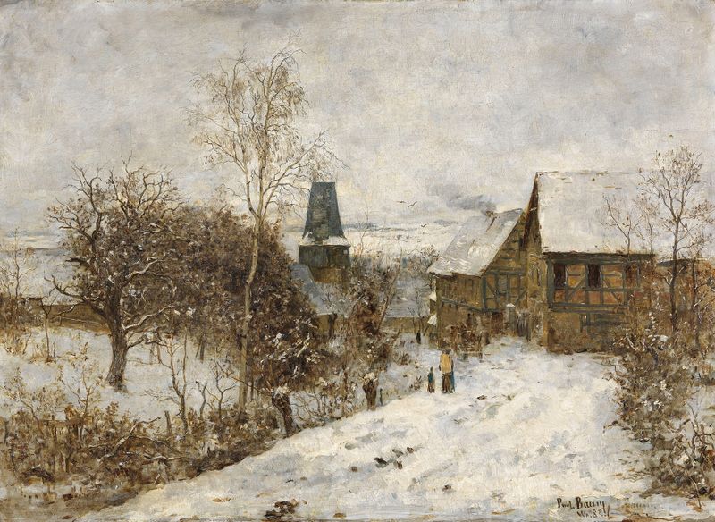 Winter landscape with a village and cottages glowing warmly, oil on canvas by Paul Baum