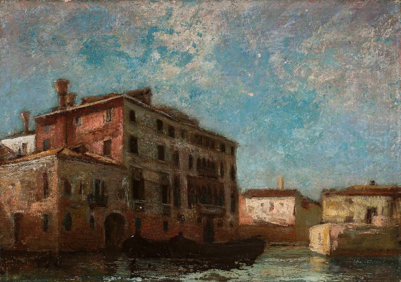 Motif from Venice de Aleksander Gierymski, óleo sobre lienzo que representa un canal con reflejos y luz.