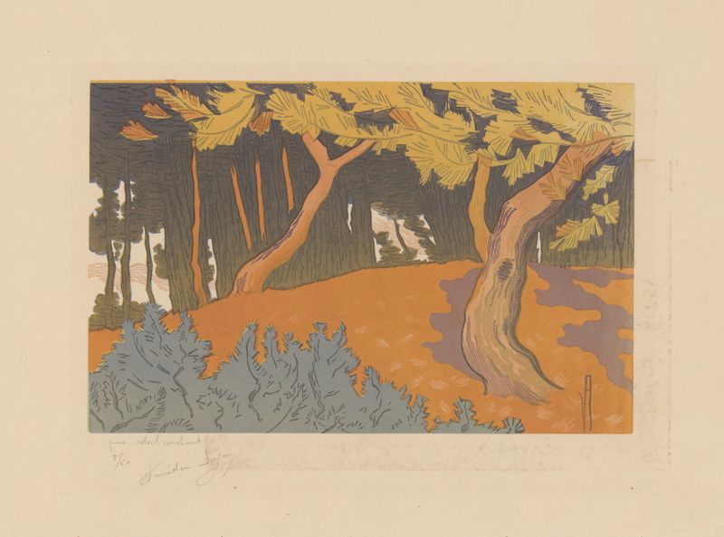 Oil painting by Amédée Joyau depicting a sunset over a tranquil horizon