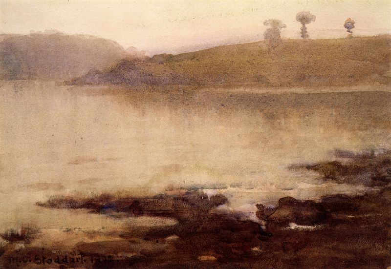 Cornish landscape by Margaret Stoddart, oil on canvas depicting hills and sea under a cloudy sky