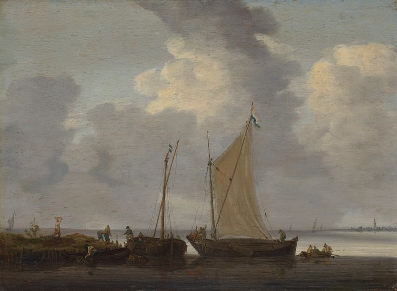 A calm with fishermen unloading their catch, oil painting by Jeronymus van Diest