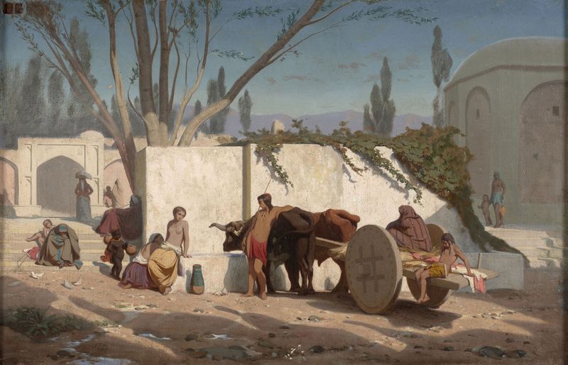 La fontaine by Eugène Fromentin, oil on canvas depicting figures gathered by a fountain