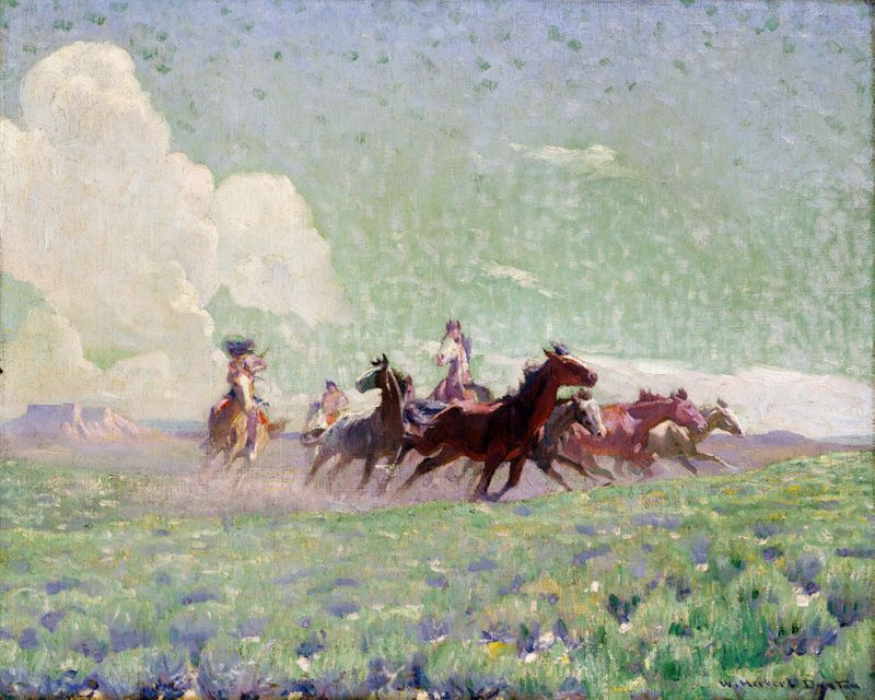 The Enemies’ Horses by William Herbert Dunton, oil painting featuring two horses in nature.