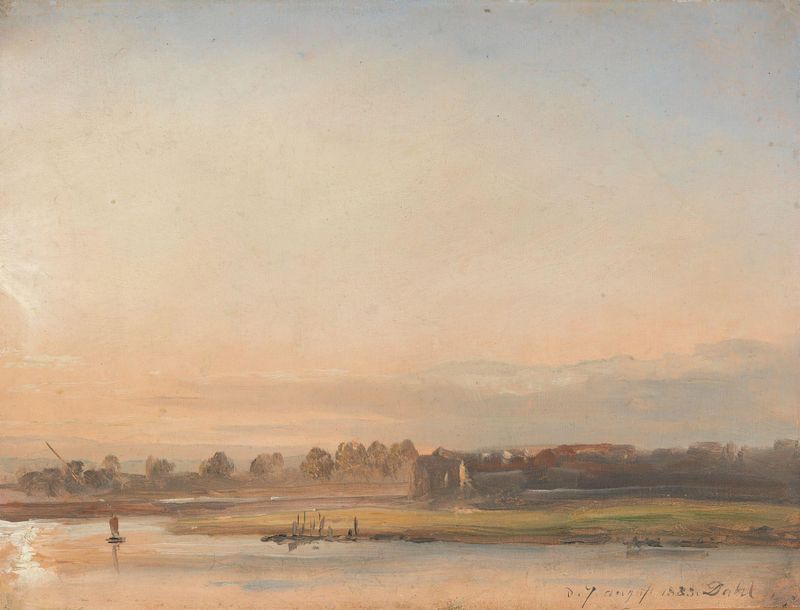 Paisagem do rio Elba com colinas e céu, óleo sobre tela de Johan Christian Dahl