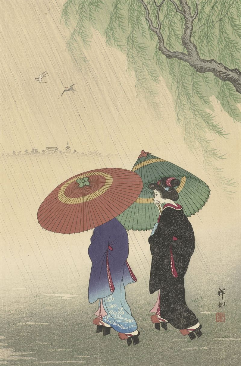 Two women sharing an umbrella in the rain, Ukiyo-e by Ohara Koson