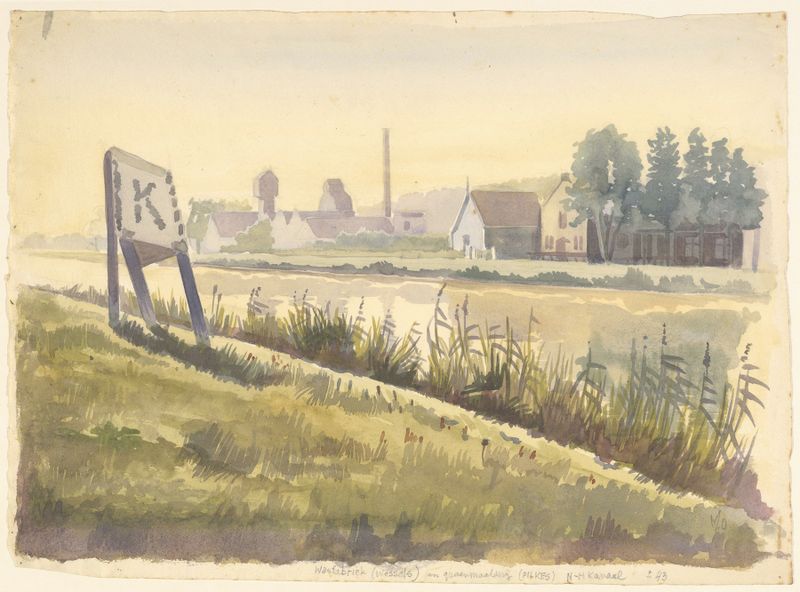 Pintura a óleo de paisagem de Maarten Oortwijn com um canal e fábricas