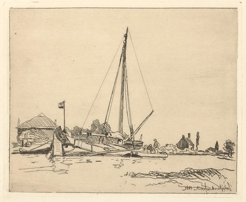 Gravura de Johan Barthold Jongkind mostrando um barco ancorado em águas calmas
