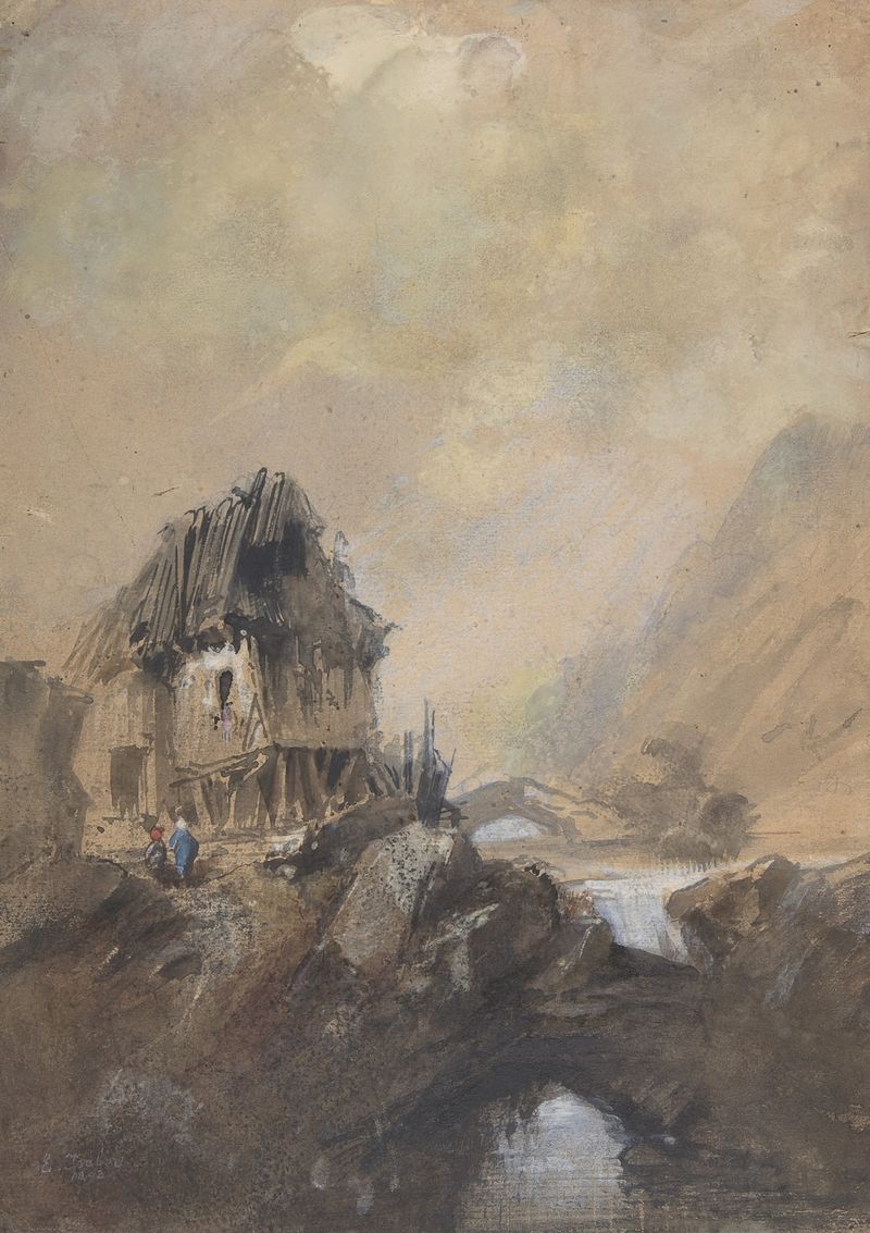 Village à Dieppe de Eugène Isabey, óleo de un tranquilo pueblo al atardecer.