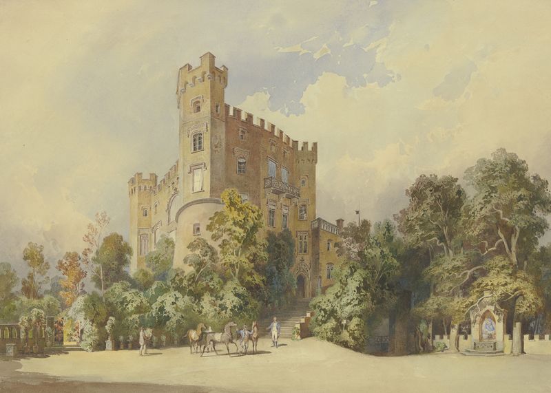 Landscape oil painting by Leopold Rottmann featuring a castle and fountain