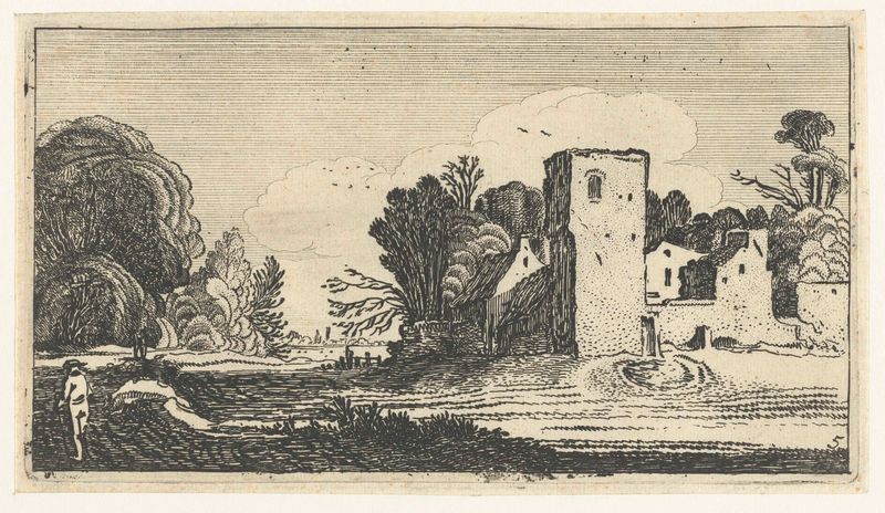 Paisaje con una torre cuadrada y casas, grabado de Unknown Artist
