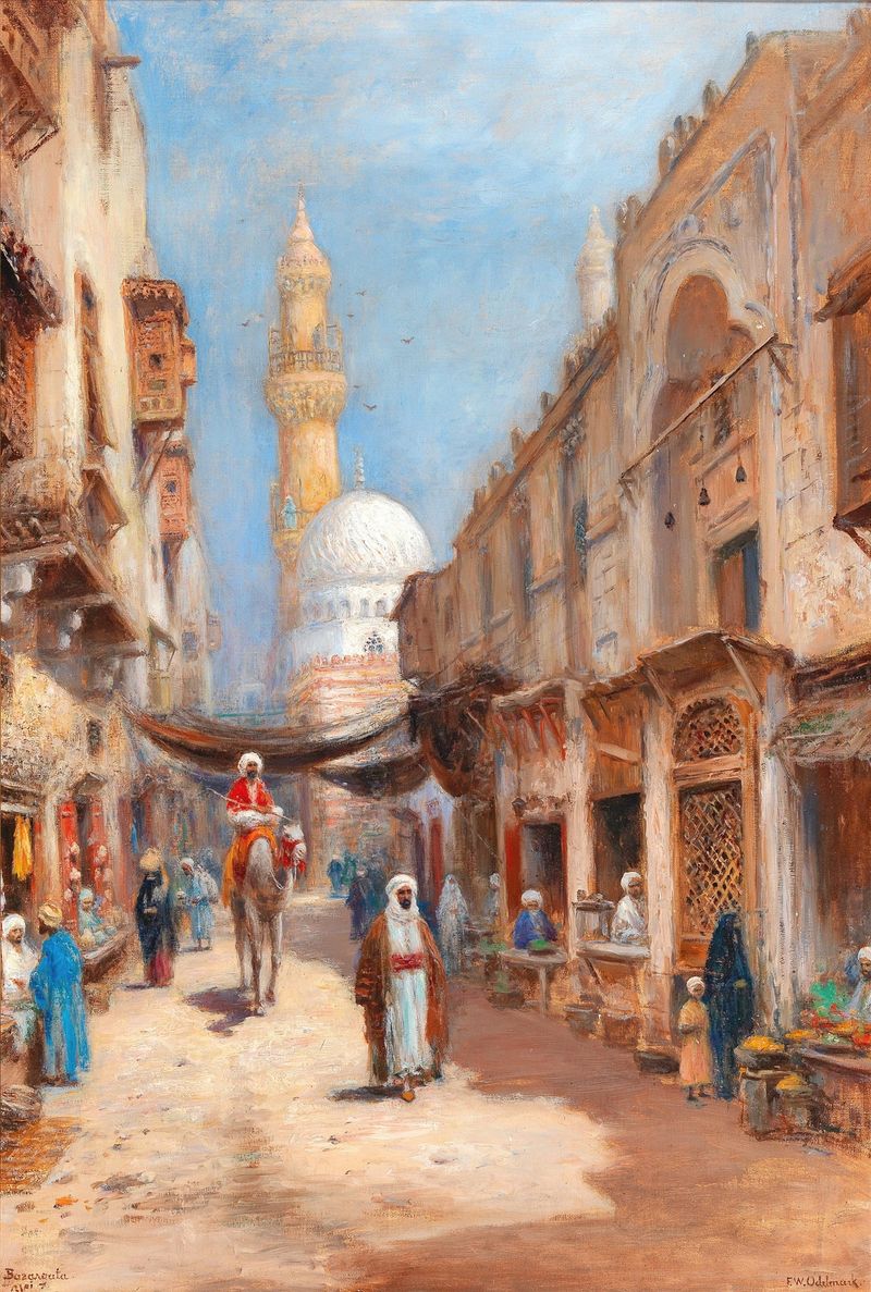 Bazaar in Cairo de Frans Wilhelm Odelmark, pintura a óleo que retrata uma cena de mercado vibrante.