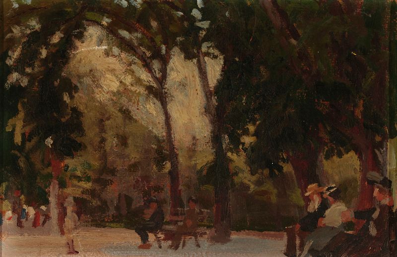 Aquarela de Władysław Skoczylas retratando um jardim com flores e crianças.