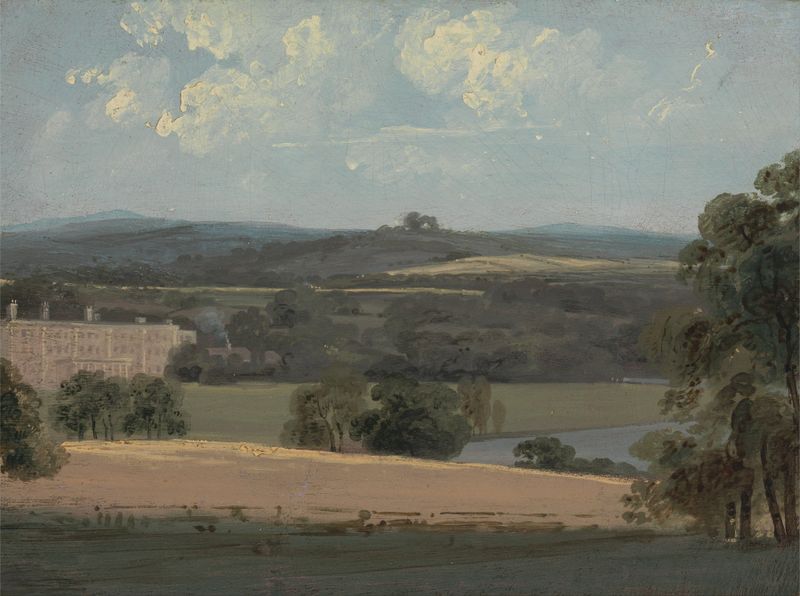 Trentham Park de John Constable, óleo sobre tela, retratando uma paisagem serena com nuvens e grama.