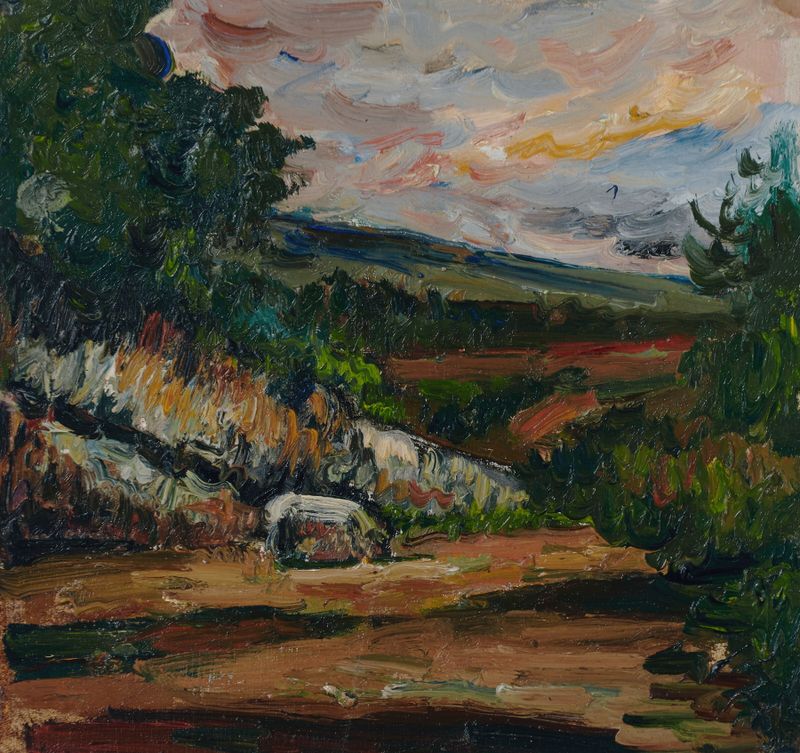 Paisaje de Paul Cezanne, óleo sobre lienzo, con colores vibrantes y profundidad.