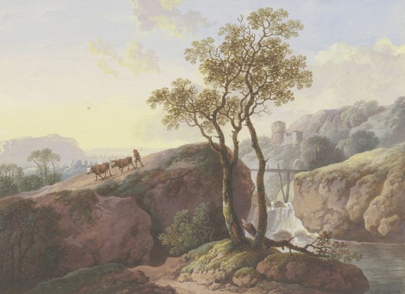 Landscape with a waterfall and cows by Maria Dorothea Wagner, medium unknown.