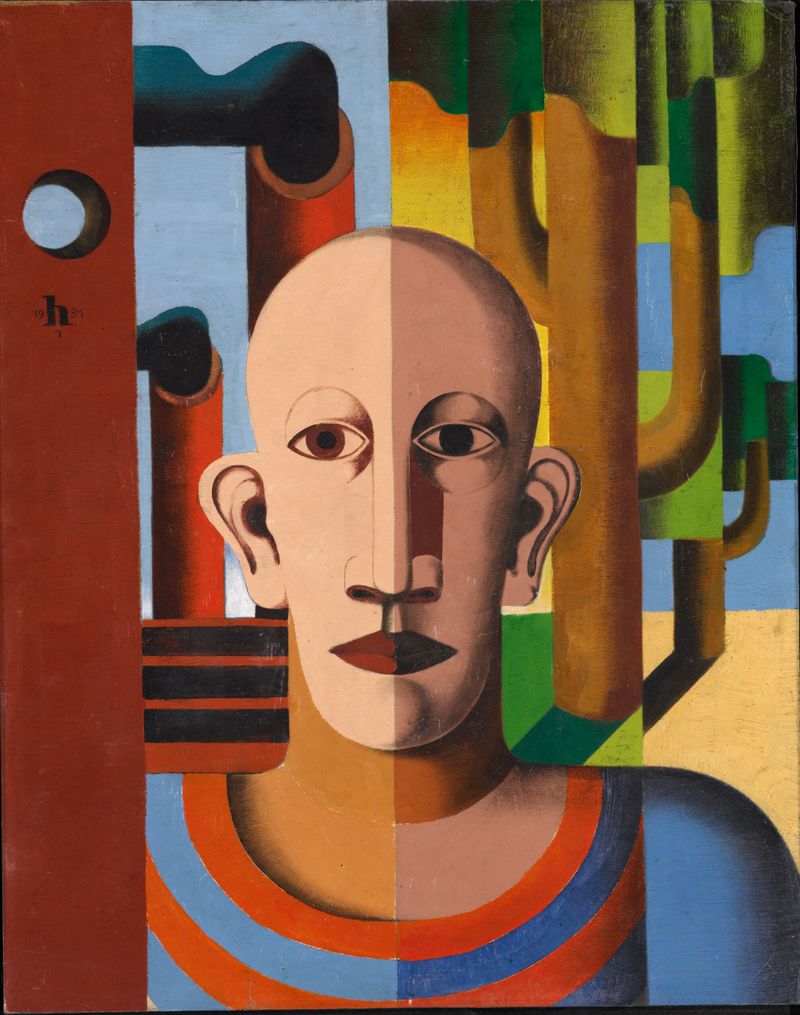 Auto-retrato de Heinrich Hoerle na frente de árvores e chaminés, óleo sobre papel