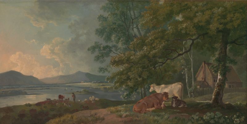 Oil painting by George Barret depicting a pastoral landscape with cattle and morning light.