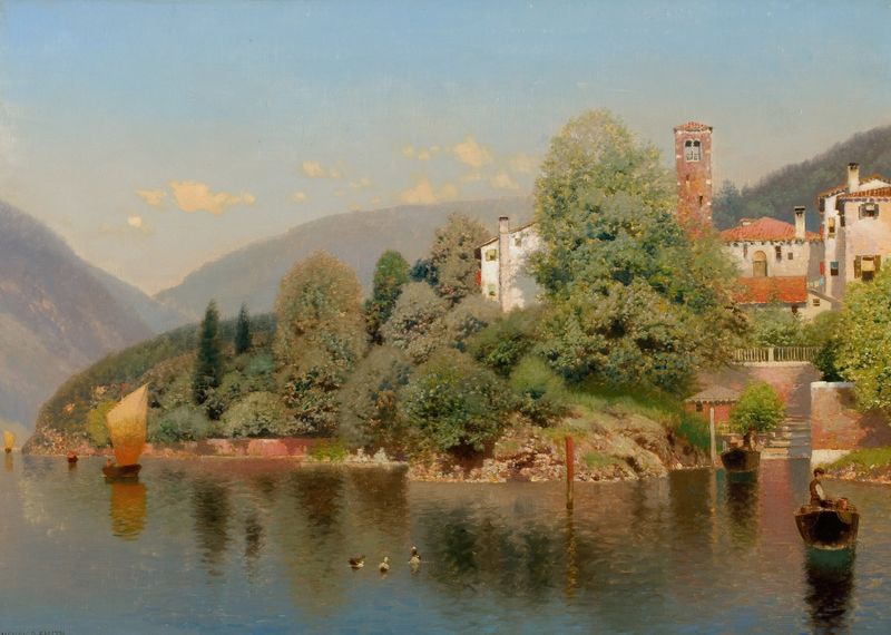Paisagem do Lago de Como com uma villa, de Henry Pember Smith, pintura a óleo