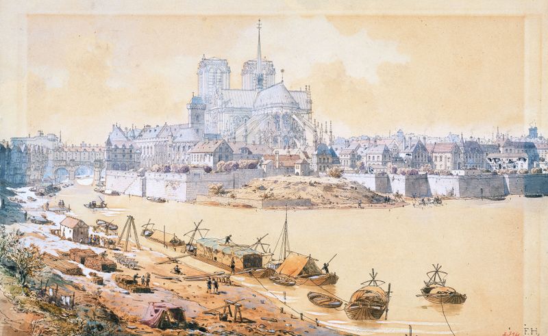 Pintura al óleo de Fédor Hoffbauer que representa la catedral de Notre-Dame y el palacio bajo un cielo tormentoso.