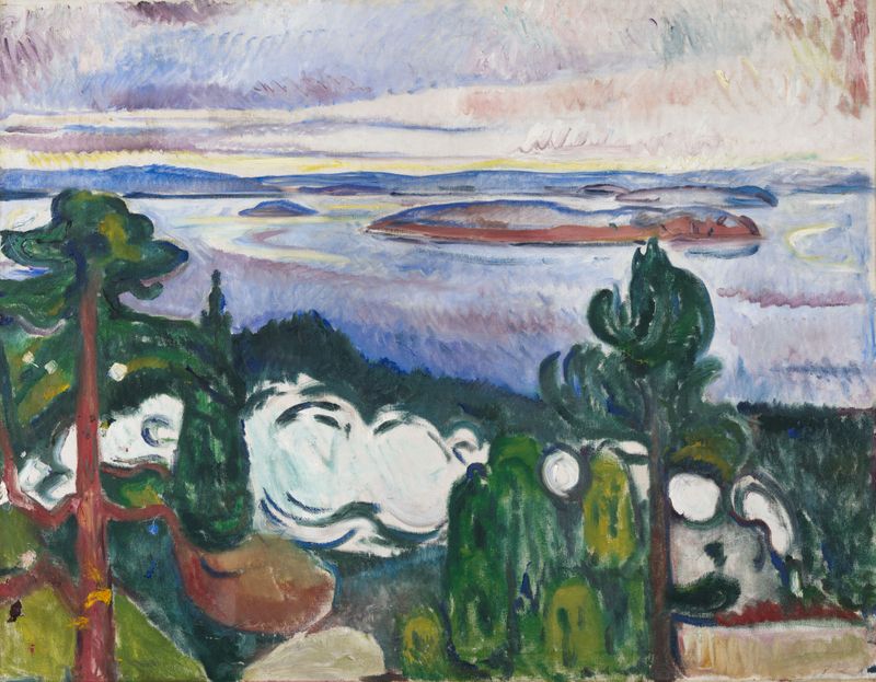 Train Smoke de Edvard Munch, óleo sobre lienzo que representa un tren y humo contra un cielo dramático.
