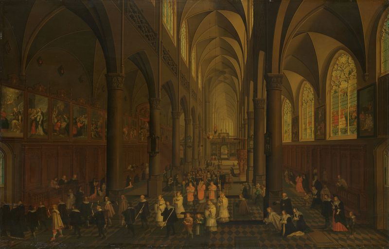 Interior of the Sint-Pauluskerk by Pieter Neeffs the Elder, depicting a religious procession in candlelight.