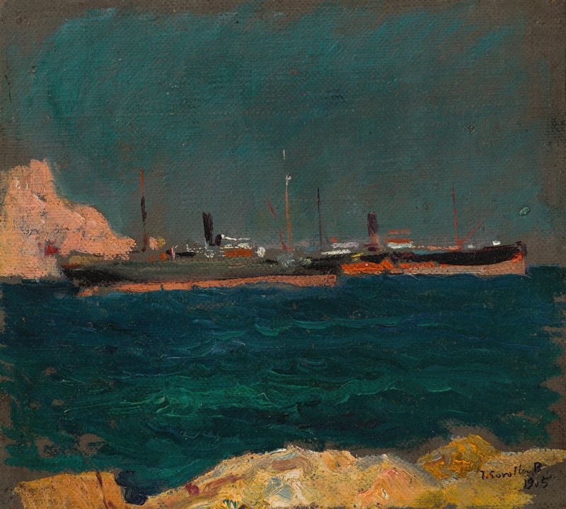 Puerto de Jávea by Joaquín Sorolla, oil on canvas depicting a coastal harbor with boats.