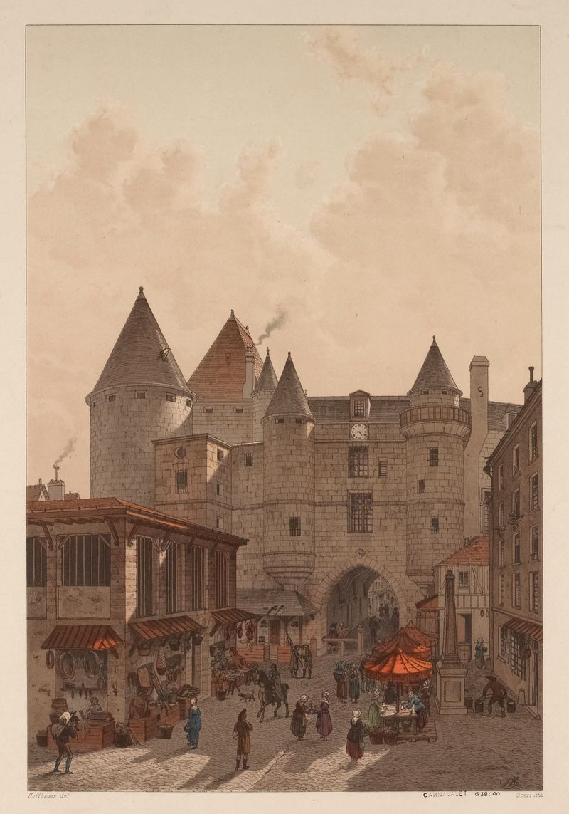 Oil on canvas by Eugène Ciceri depicting the Grand Châtelet with warm golden light