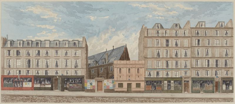 Escena arquitectónica con edificios y sombras al atardecer de Jules Gaildrau, pintura al óleo.