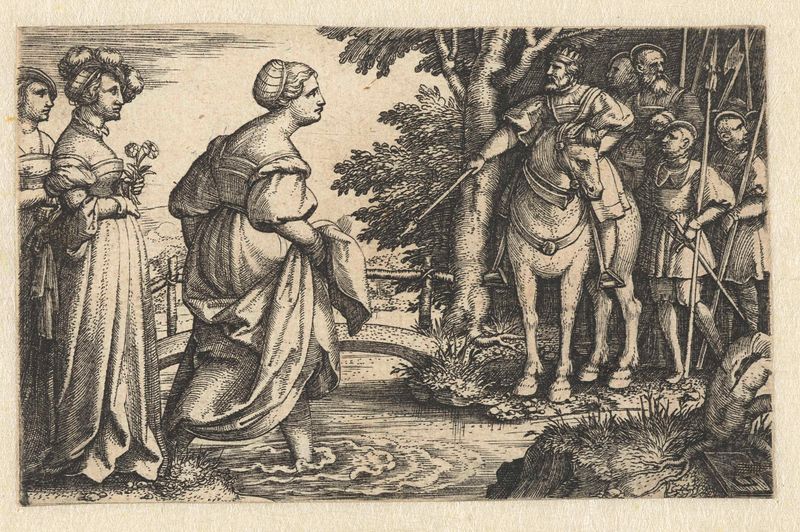 Gravura de Georg Pencz retratando a Rainha de Sabá em trajes dourados e carmesins