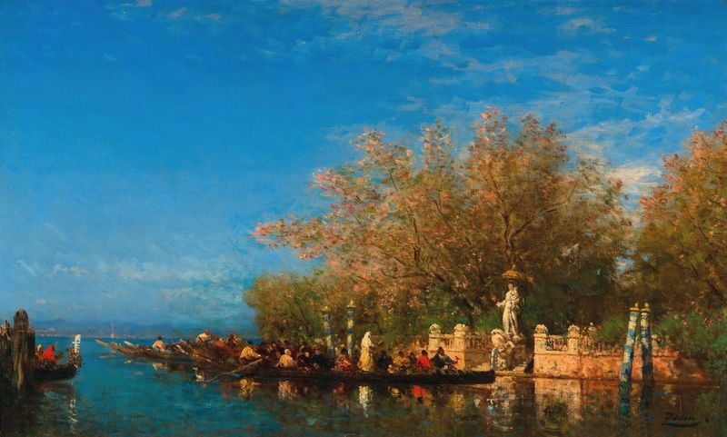 Paseo en góndola por un canal, pintura al óleo de Félix Ziem