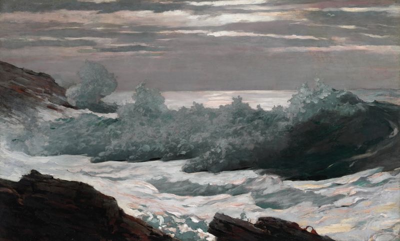Early Morning After a Storm at Sea de Winslow Homer, pintura a óleo que mostra águas turbulentas e nuvens.