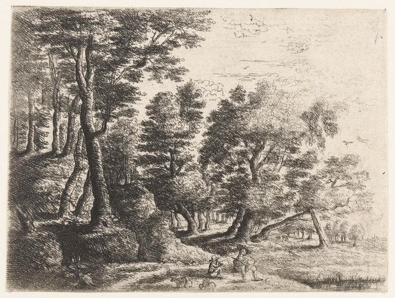 Landschap met zittende jongen en herder, etching by Philips Augustijn Immenraet depicting a boy and shepherd.