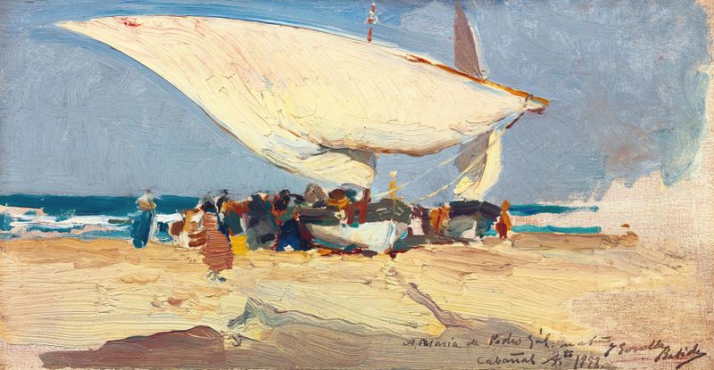 Oil painting by Joaquín Sorolla depicting fishermen at Valencia Beach