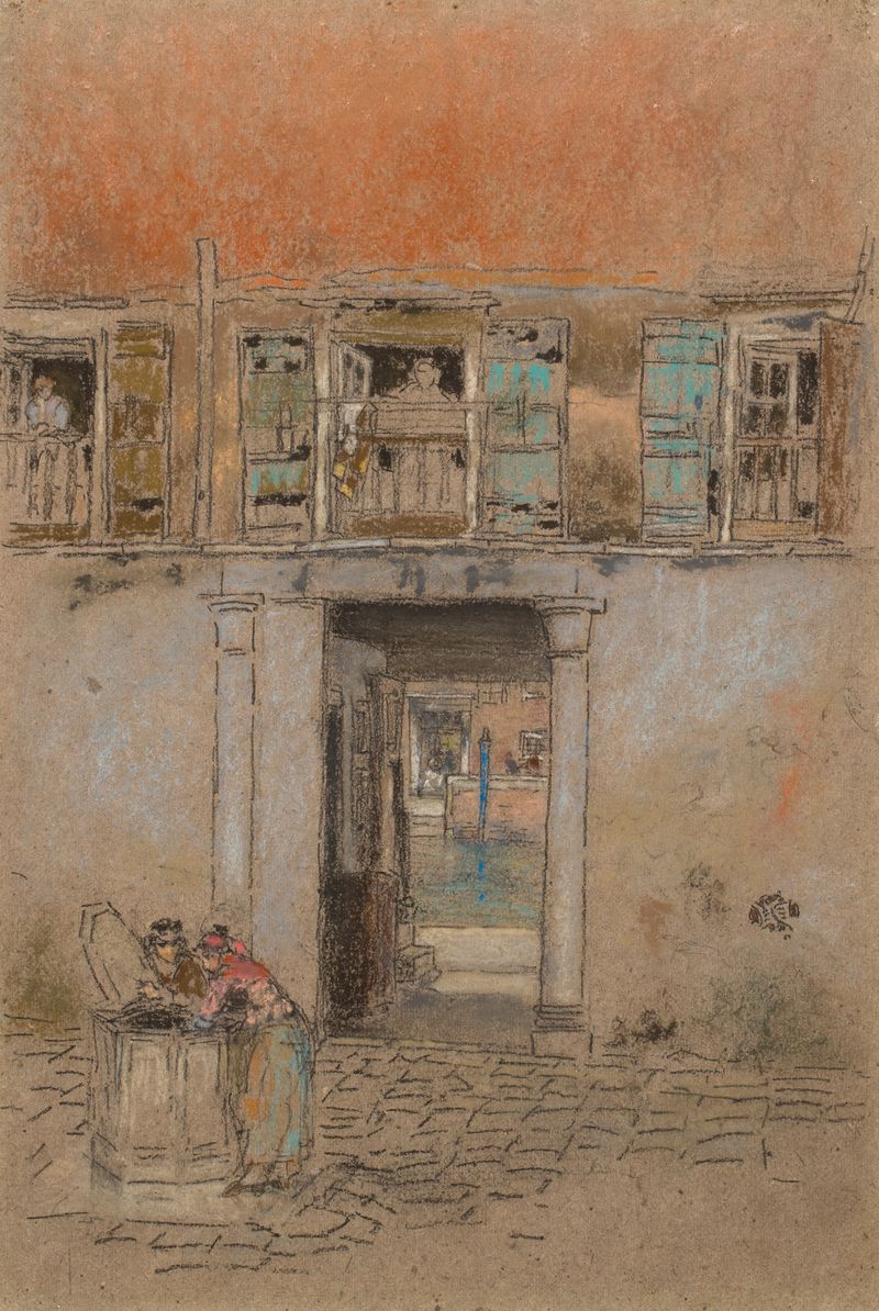 Courtyard on Canal; Grey and Red by James Abbott McNeill Whistler, oil on canvas