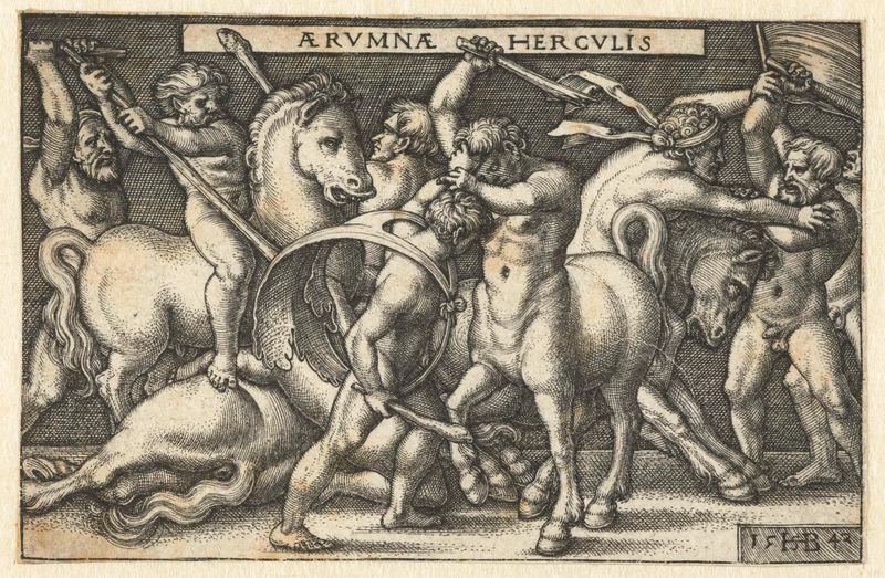 Hercules battling centaurs, engraving by Hans Sebald Beham