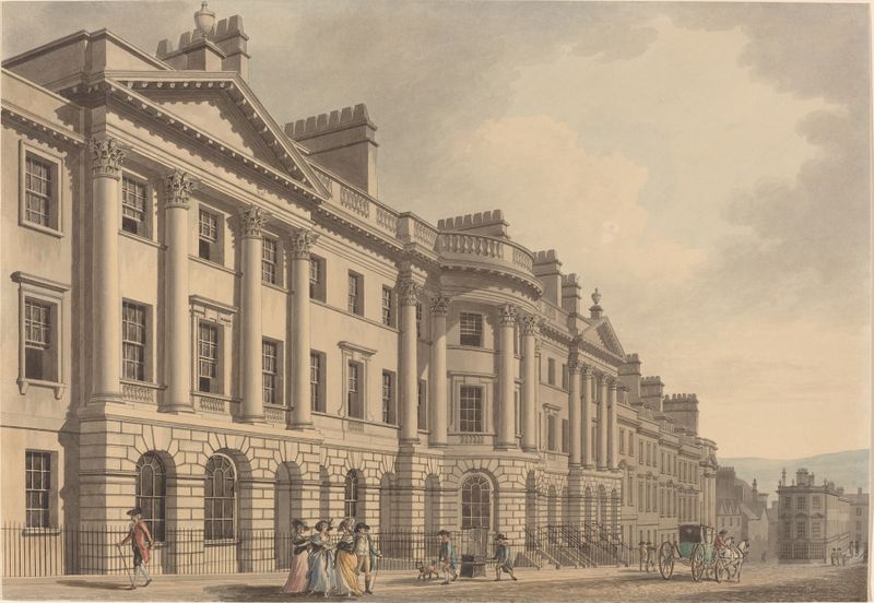 Watercolour by Thomas Malton depicting Milsom Street in Bath with architectural details.