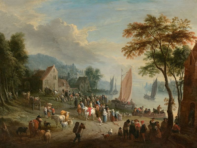 Genre scene with villagers by a river, oil painting by Theobald Michau