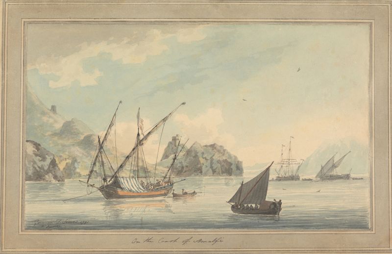 Shipping off the Coast at Amalfi by John Thomas Serres, oil painting depicting ships and waves.
