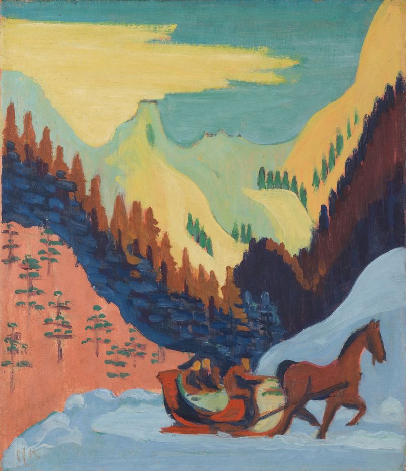 Sleigh Ride in the Snow, oil on canvas by Ernst Ludwig Kirchner featuring a horse-drawn sleigh in snow.