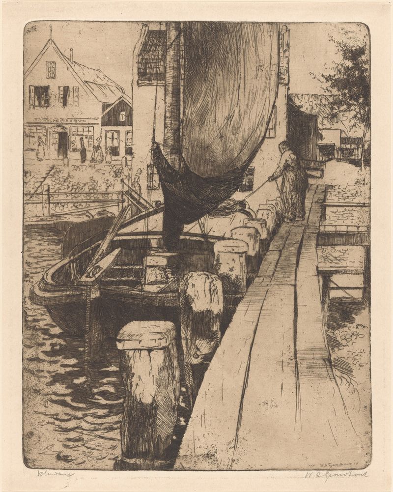 Paisaje de aldea con casas y río, óleo sobre lienzo de Willem Adrianus Grondhout