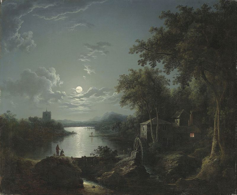 Moonlit fishing on the riverbank, oil on canvas by Henry Pether