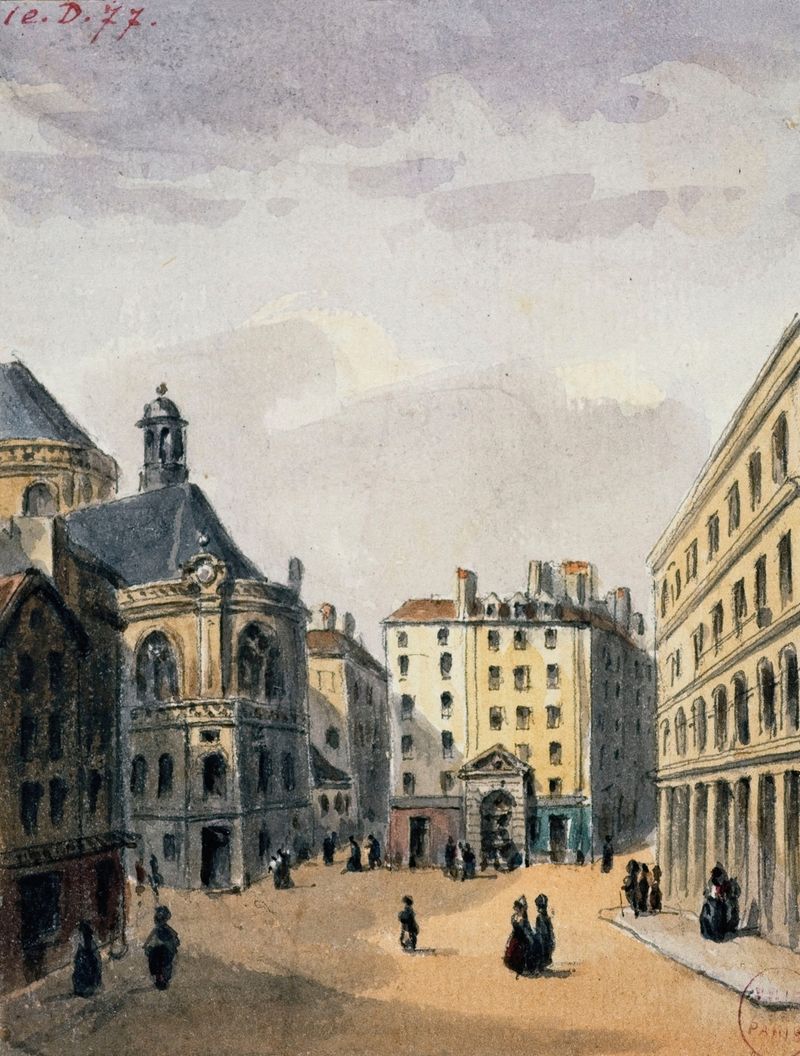 Pointe Saint-Eustache et la fontaine de Auguste-Sébastien Bénard, pintura al óleo que representa una iglesia en un entorno...