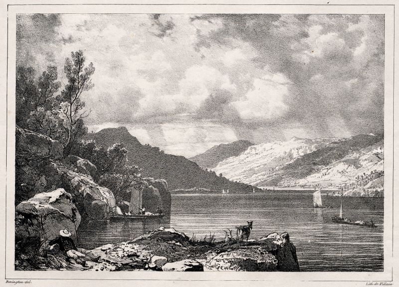 Loch Lomond de Richard Parkes Bonington, pintura al óleo que representa colinas y agua.