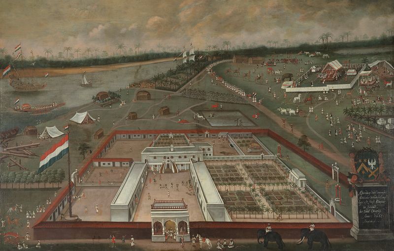 Cena histórica da Companhia Holandesa das Índias Orientais em Hooghly, Bengala, óleo sobre tela de Hendrik van Schuylenburgh.