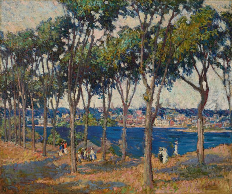 Town Across the Water de Mary Bradish Titcomb, óleo sobre lienzo, que muestra un paisaje tranquilo con agua y un pueblo.