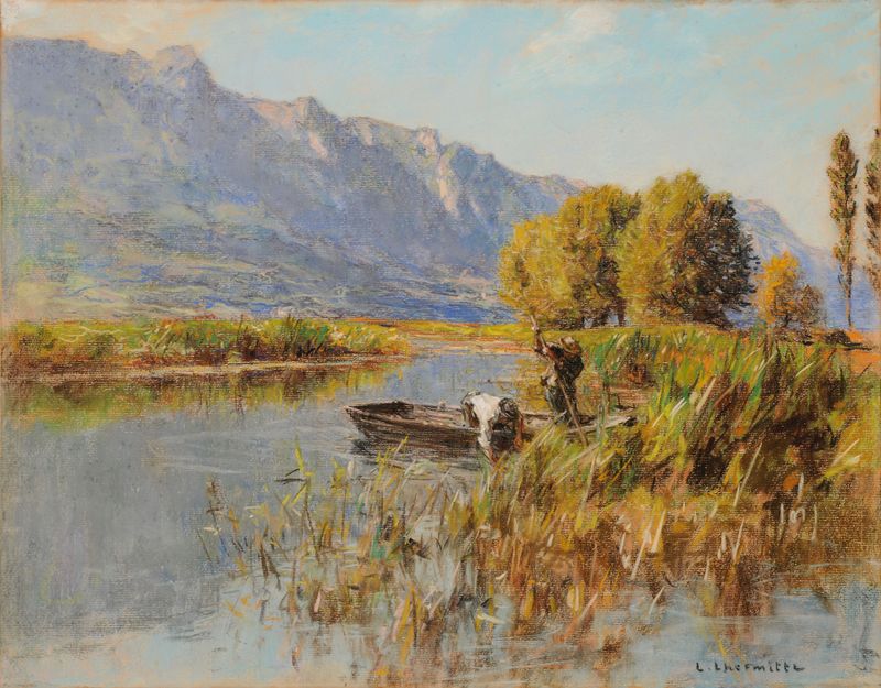 Pintura de paisaje al óleo de Léon Augustin Lhermitte que presenta un lago y vegetación exuberante.