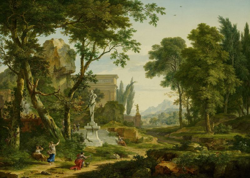Arcadian landscape de Jan van Huysum, óleo sobre tela mostrando uma cena pastoral serena com árvores e luz dourada.