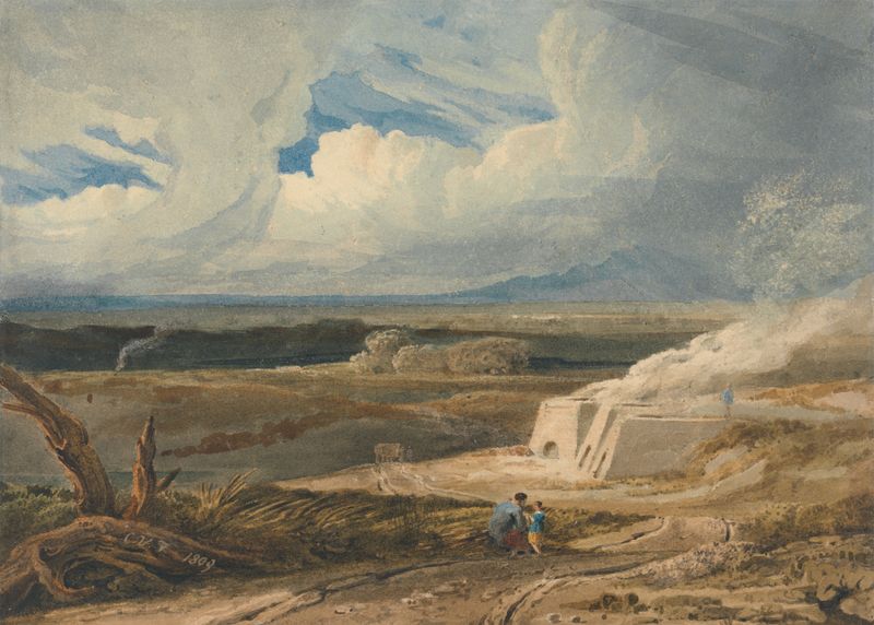 Landscape with Limekiln by Copley Fielding, oil painting depicting a serene landscape at dusk.