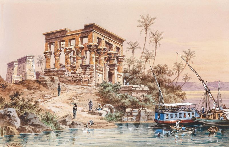 Tempel von Philae by Friedrich Perlberg, oil on canvas depicting ancient columns and landscape.